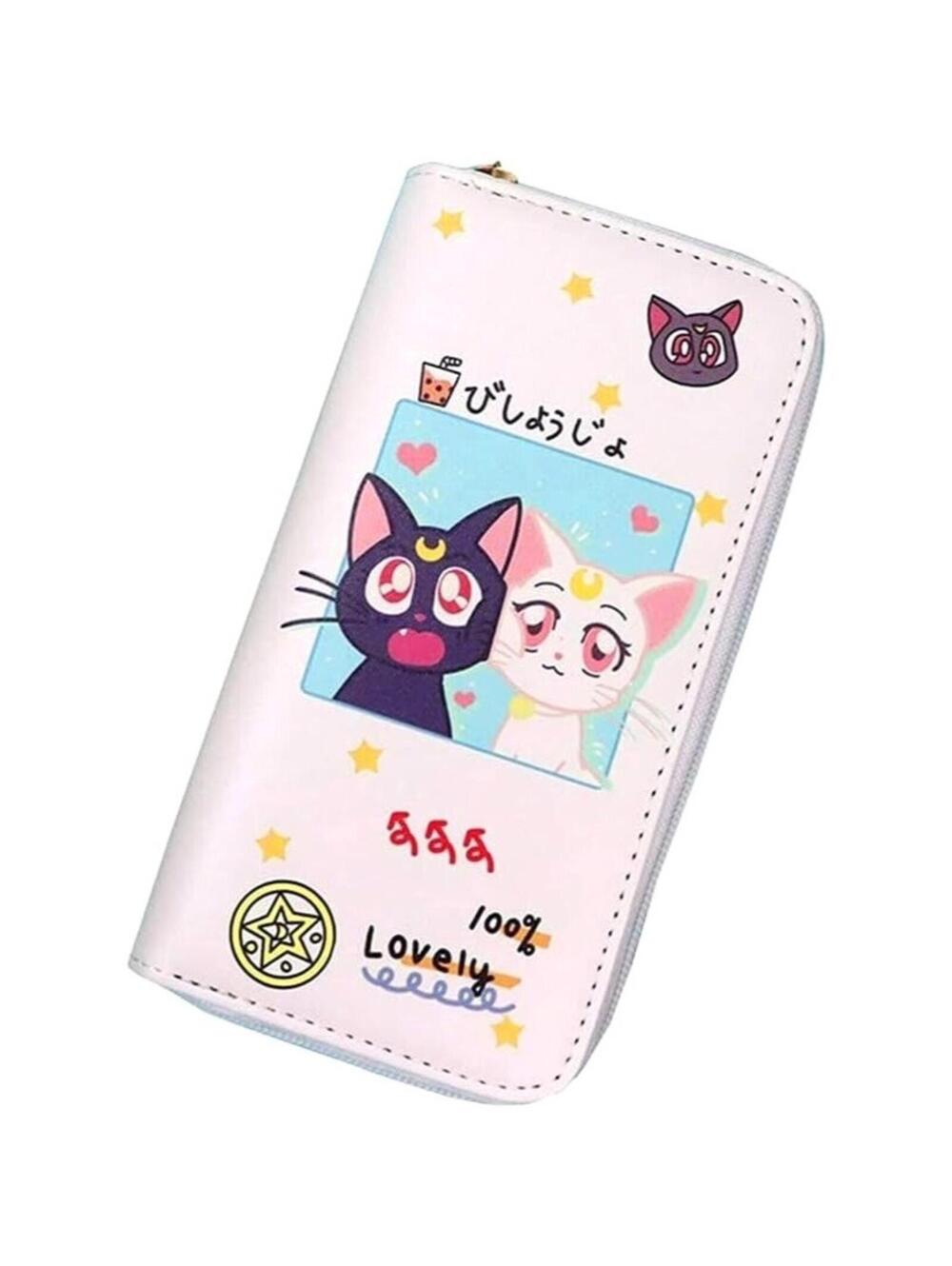 Sailor Moon Luna & Artemis Cat Wallet Cute Kawaii White Zip-Around Money Purse